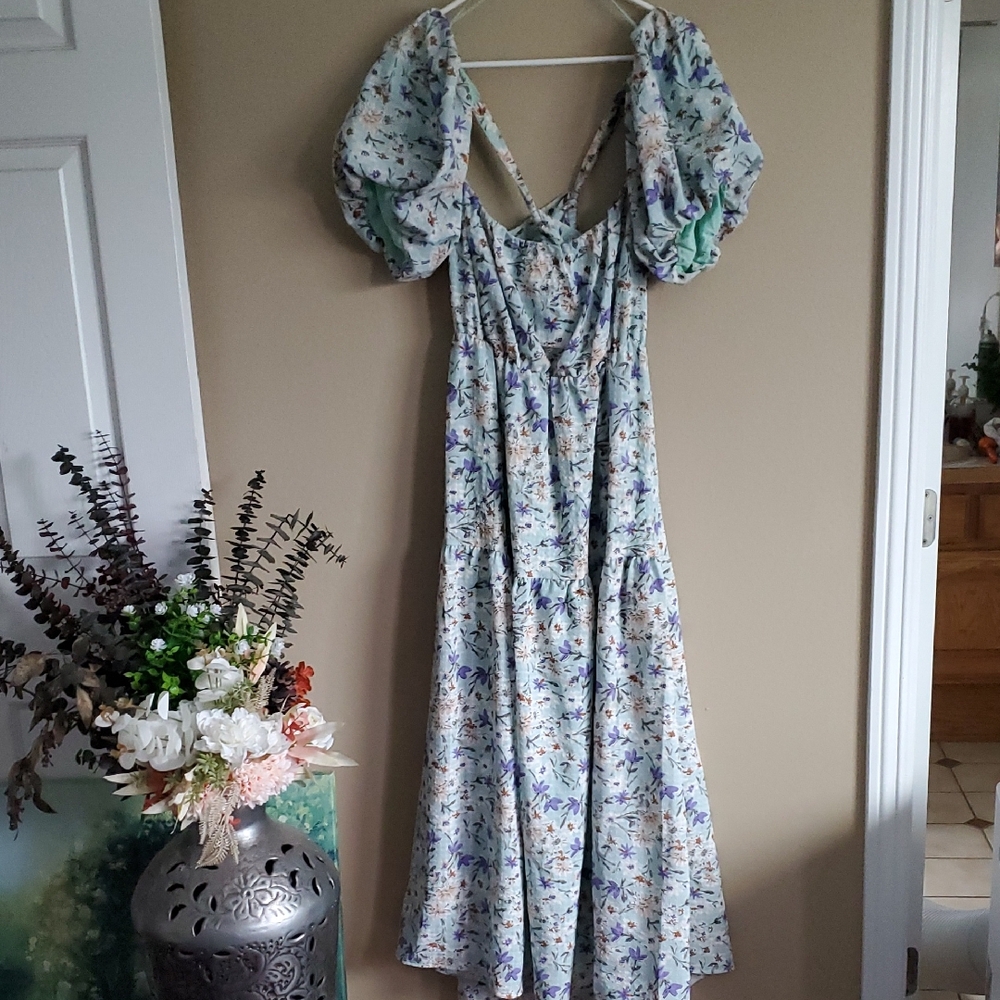 Astr Floral Puff Sleeve Maxi Dress in Blue and Green